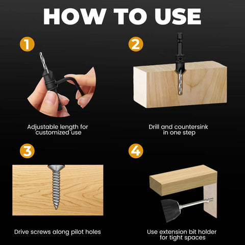 Instructions showing usage of Woodworking Pro Grade Countersink Drill Bit Set 11 Piece With Adjustable Depth and Tapered Countersink Bits