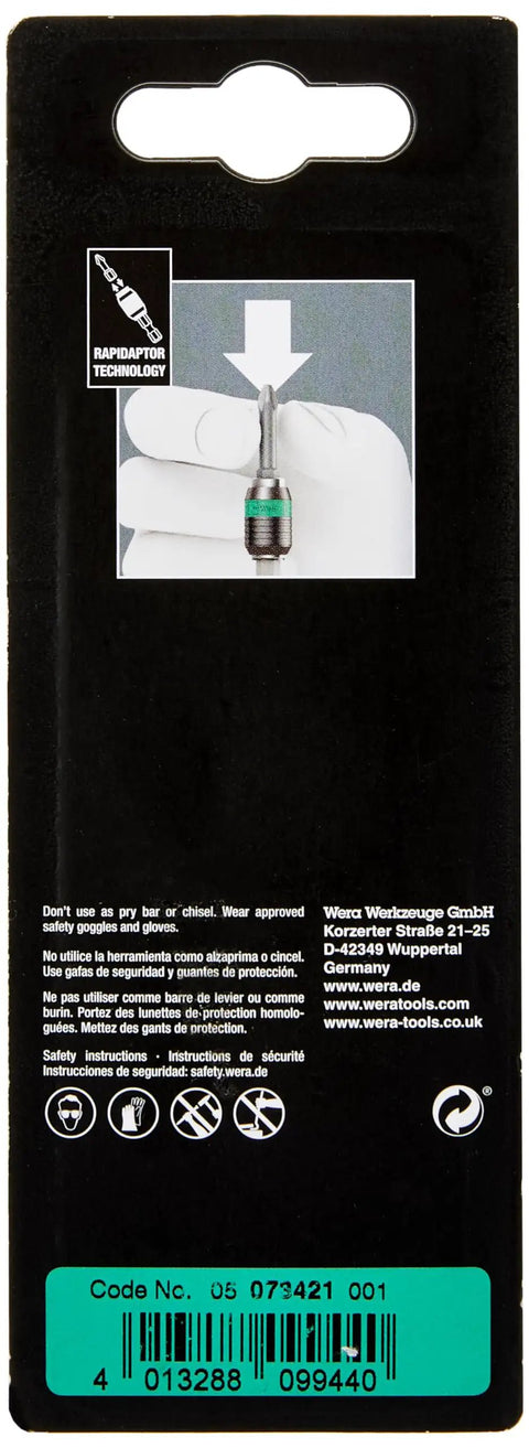 Back packaging of Rapidaptor Universal Bit Holder With One Quarter Inch Drive, Easy In Easy Out Quick Spin Chuck, Press In Self Locking.