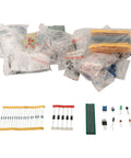 1818Pcs Electronic Components Kit With Resistors, Transistors, LEDs, Diodes, Capacitors, Potentiometers, Switches, A Prototyping PCB Board For DIY Electronics Projects And Circuit Builds displayed in packaging and arranged on a white background