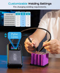 Battery Spot Welder Kit With 11000mAh Battery LCD Screen Upgraded 80 Gear Adjustable Portable Mini Welder for DIY Battery Packs, shown welding purple battery cells.