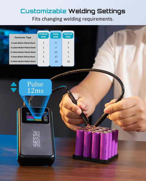 Battery Spot Welder Kit With 11000mAh Battery LCD Screen Upgraded 80 Gear Adjustable Portable Mini Welder for DIY Battery Packs, shown welding purple battery cells.