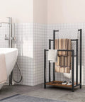 Free Standing Towel Rack And 3 Tier Blanket Organizer Space Saver For Home No Clutter Industrial Metal Drying And Display Rack, next to bathtub