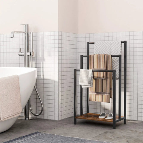 Free Standing Towel Rack And 3 Tier Blanket Organizer Space Saver For Home No Clutter Industrial Metal Drying And Display Rack, next to bathtub