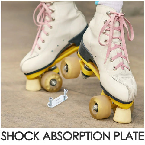 Close-up of roller skates with pink laces and a shock absorption plate from the Four Piece Roller Skate Repair Parts Kit With Five Metal Plates And Mounting Hardware For Recreational Quad Skating Shock Cushion Set 20mm Fits Most Setups For All Skill Levels.