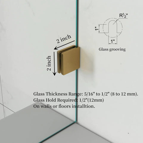Sleek Matte Black Glass Shower Door Hardware Kit Frameless Swing Setup With Self Closing Action showing 2-inch matte gold clamp detail
