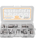 DIY Friendly Pro Grade Threaded Insert Kit With 33 Pieces M8x1.25 Stainless Steel Inserts in open plastic case