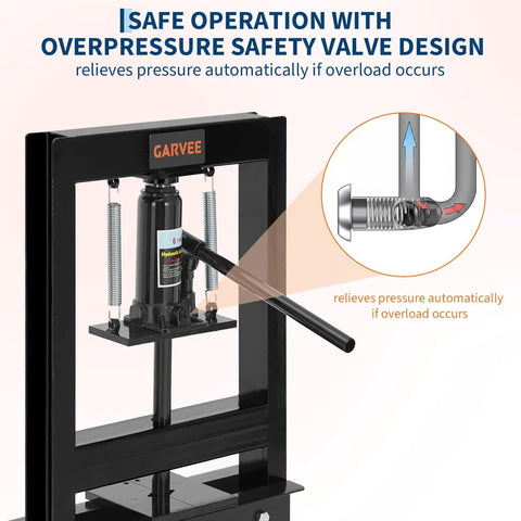 Tough As Nails Six Ton H Frame Hydraulic Shop Press Heavy Duty Steel Workhorse showcasing overpressure safety valve design.