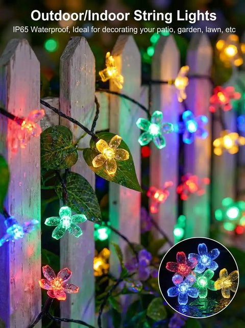 Solar Flower String Lights Outdoor Waterproof 50 LED Fairy Lights Sun Powered For Garden Fence Patio Yard Christmas
