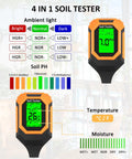 4 In 1 Soil Tester Meter For pH Moisture Temperature And Light With Backlit LCD Display showing temperature and pH readings
