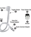 Easy Spray Indoor Outdoor Portable Handheld Sink Sprayer Attachment For Faucets with hose, toggle switch, and aerator labeled.