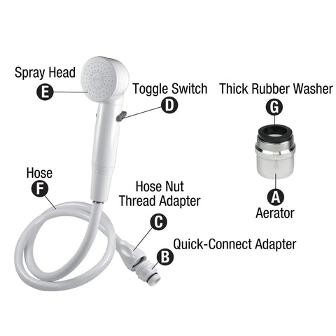 Easy Spray Indoor Outdoor Portable Handheld Sink Sprayer Attachment For Faucets with hose, toggle switch, and aerator labeled.
