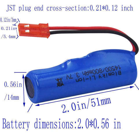 3.7V 800mAh Li Ion rechargeable battery with JST plug and USB cable for Huina 1337 1338 RC construction trucks, 51mm length