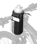 Bike Water Bottle Holder Bag With Insulated Stem Bag 1L Capacity Mounts On Handlebar or Stem Ideal For Mountain And Road Bikes Snack And Phone Pouch Durable Lightweight Bike Accessory showing bag on a bike handlebar with a phone and bottle.
