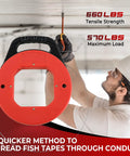 NATGAI 100FT Fish Tape Hand Wire Puller with 660 lbs tensile strength in use for wire fishing and cable routing.