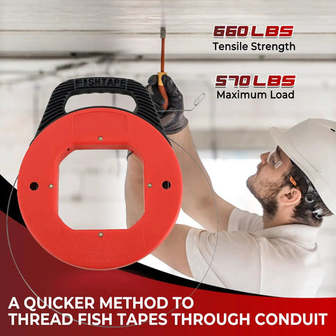 NATGAI 100FT Fish Tape Hand Wire Puller with 660 lbs tensile strength in use for wire fishing and cable routing.