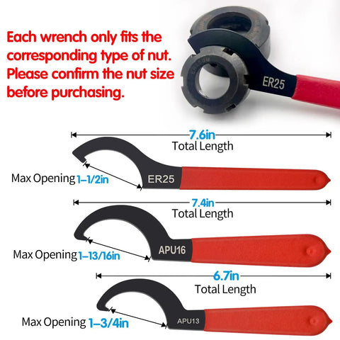 Six Piece Coilover Spanner Wrench Set For Shock Adjustment With C Shape Hook Wrenches shown with ER25, APU16, APU13 sizes