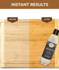 Food Grade Mineral Oil For Wood Cutting Boards And Butcher Blocks bottle on bamboo cutting board showing before and after use