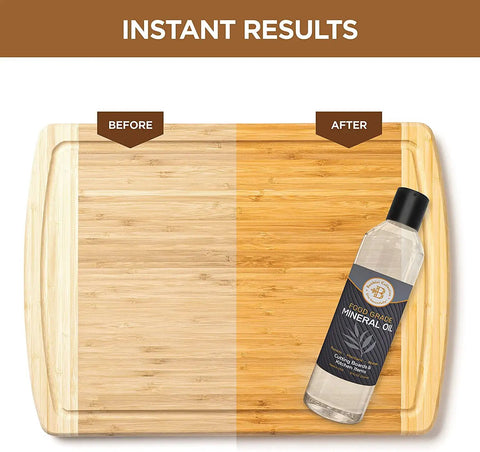 Food Grade Mineral Oil For Wood Cutting Boards And Butcher Blocks bottle on bamboo cutting board showing before and after use