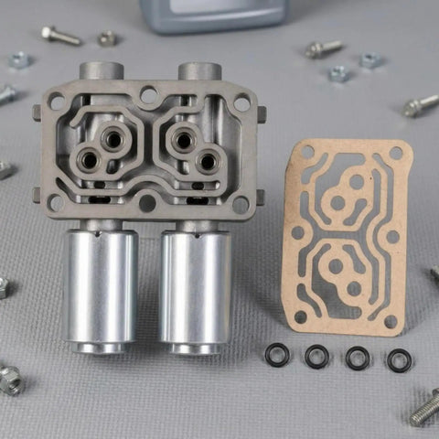 Road Ready Automatic Linear Solenoid Actuator Kit With Slick Hydraulic Seals And Four Spare O Rings for transmission parts in aluminum and rubber.
