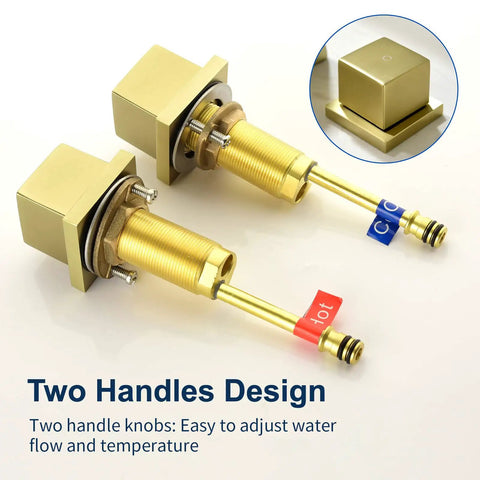 Waterfall Tub Filler Faucet Deck Mount With 3 Hole Brushed Gold Brass Finish valves showing hot and cold knob control