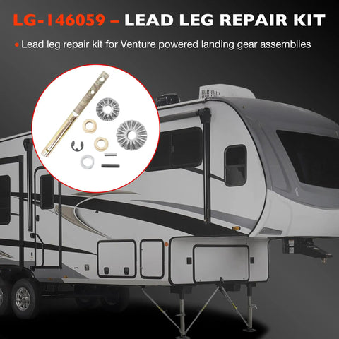 Power Landing Gear Repair Kit For 5th Wheel RV Lead Leg shown with components including drive shaft and bushings.