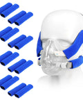 16 Pack Universal CPAP Headgear Strap Covers With Reusable Soft Fleece Pads on CPAP mask on mannequin, dark blue fleece
