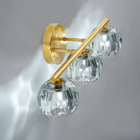 Three Light Gold Brass Vanity Light Fixture With Clear K9 Crystal Glass For Bathroom Over Mirror Modern Wall Sconce 120V G4 Base Lit Glow That Elevates Your Space And Keeps It Bright