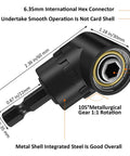 Flexible Drill Bit Extension Kit With Bendable Magnetic Extender and detailed view of 105° angle adapter with measurements
