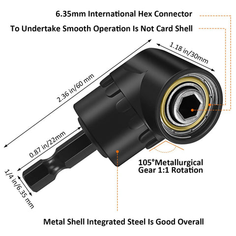 Flexible Drill Bit Extension Kit With Bendable Magnetic Extender and detailed view of 105° angle adapter with measurements