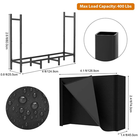 Diagram of 4 Foot Firewood Rack with Weatherproof Cover, black metal frame, PVC cover, dimensions and load capacity details