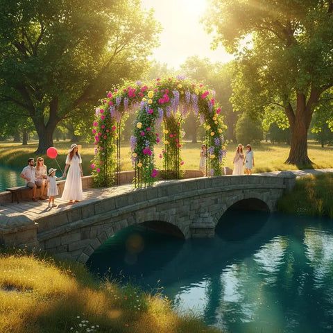 Built Tough 7Ft Steel Garden Arbor With Side Trellis Rust Resistant Powder Coated Archway For Backyard Weddings On Stone Bridge