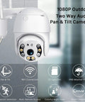 1080P Pan Tilt Outdoor Security Camera With Two Way Audio, 355 Degree Horizontal And 90 Degree Vertical Rotation mounted on a wall.