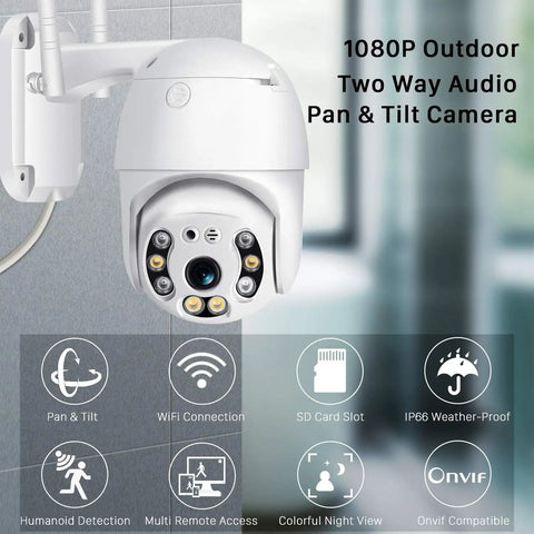 1080P Pan Tilt Outdoor Security Camera With Two Way Audio, 355 Degree Horizontal And 90 Degree Vertical Rotation mounted on a wall.