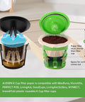 Keurig Compatible Disposable Coffee Filters 300 Pack Natural With Lid No Mess Easy Fill Paper Filters For Keurig Single Serve Machines Fits Reusable Pods And All Keurig Coffee Makers shown in open reusable pods.
