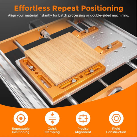 Heavy Duty Cnc Workpiece Positioning Fixture Kit With Repeatable Side Clamping Vise holds wood for precise alignment and quick clamping.