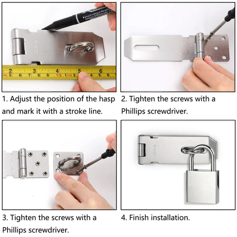 Heavy Duty Stainless Steel Padlock Hasp Latch, 10 Pack Security Clasp With Brushed Finish And 90 Mounting Screws step-by-step installation process.