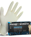 Heavy Duty Powder Free Latex Disposable Gloves 7 Mil Thick 2XL 100 Pack with textured grip next to packaging.