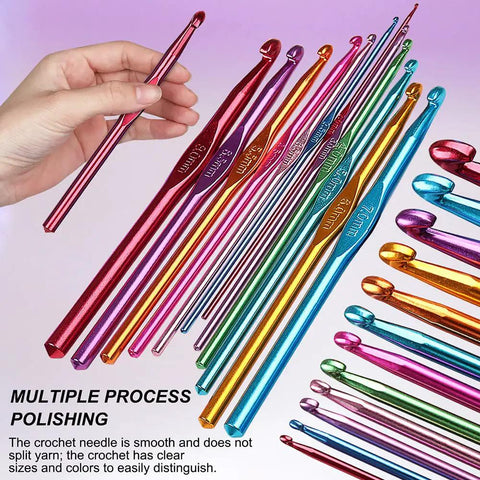 Colorful array of aluminum crochet hooks in 85-Piece Crochet Hooks Kit With Case, Ergonomic Hooks In Stainless And Aluminum, multiple sizes shown.