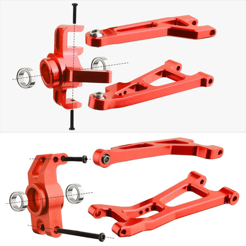 Red Aluminum Suspension Arms And Steering Knuckle Kit With Shock Tower And Linkage For 1 Sixteenth Scale RC Cars Compatible With Hyper GO H16BM H16DR H16PL H16E And MJX 16207 16208 16209 Red Beefed Up Upgrade Parts, showing close-up details of components.