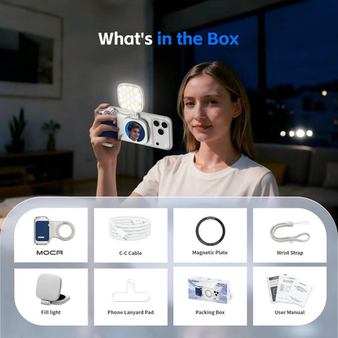 Woman using Magnetic iPhone Camera Grip With LED Fill Light And Mirror For iPhone 17 Pro Optimized For iOS 26, box contents shown.