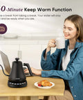 Woman using Gooseneck Electric Kettle with 5 Temperature Presets for Coffee and Tea, 0.8L Capacity, on kitchen table