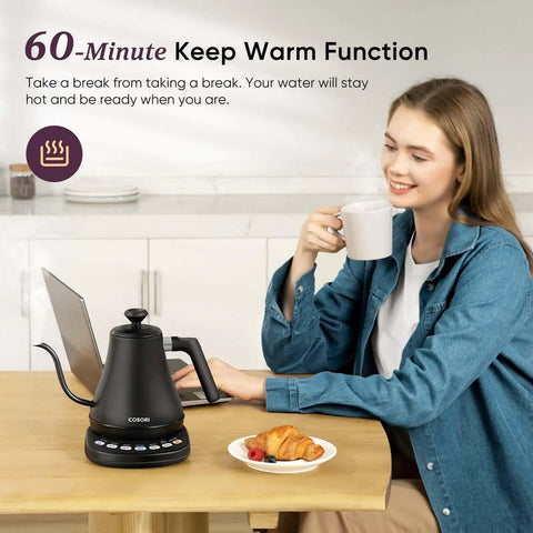 Woman using Gooseneck Electric Kettle with 5 Temperature Presets for Coffee and Tea, 0.8L Capacity, on kitchen table