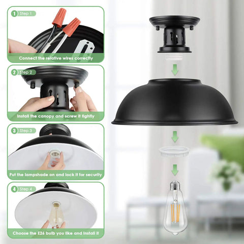Installation guide for Farmhouse Semi Flush Mount Ceiling Light Fixture with E26 base, industrial black open barn shade pendant lamp