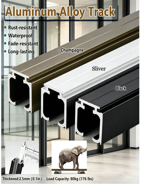 Aluminum alloy track in silver, champagne, and black for 2.2ft Sliding Door Hardware Kit In Silver For Closets And Room Dividers With Hydraulic Soft Close System Smooth Operation Easy Installation Includes Track Rollers Mounting Hardware For Home Or Office showing load capacity and thickness.