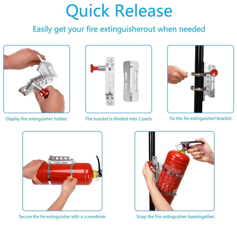 Universal Roll Bar Fire Extinguisher Mount Aluminum Quick Release Bracket With Eight Clamps in use on extinguishers