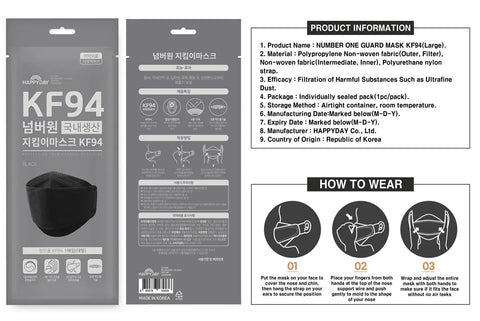 Package of Top Notch KF94 Mask For Adults Black Individually Packaged 30 Masks Made In Korea Premium Micro Dust Protection.