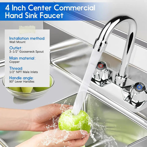 Leak-Free Commercial Hand Sink Faucet With Ceramic Valve, Four Inch Center Wall Mount With Three And A Half Inch Swivel Gooseneck Spout, brass construction, dual knobs, chrome finish, washing apple