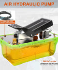 Foot Operated Air Hydraulic Pump 10,000 PSI Heavy-Duty with Three Eighths Inch NPT Outlet and Quarter Inch Air Inlet, shown with oil tank.