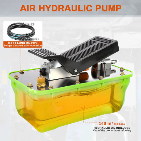 Foot Operated Air Hydraulic Pump 10,000 PSI Heavy-Duty with Three Eighths Inch NPT Outlet and Quarter Inch Air Inlet, shown with oil tank.