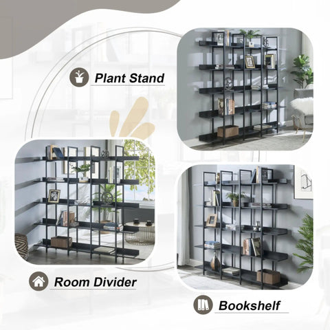 Five Tier Industrial Bookshelf With Extra Wide Open Shelves MDF Panels Heavy Duty Steel Frame viewed as plant stand, room divider, bookshelf